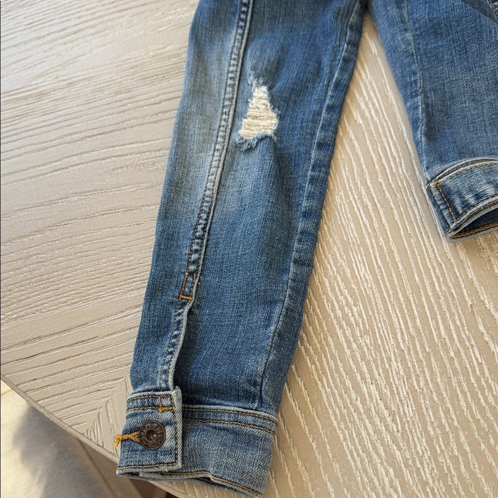 Women’s Small Distressed Blue Denim Jean Jacket Classic Trucker Style - Picture 14 of 16